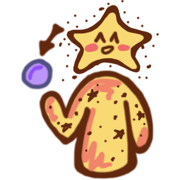 yellow figure with star shaped head. Stars are scattered around the head and across the body. Above one arm is a purple ball with an arrow pointing at it.